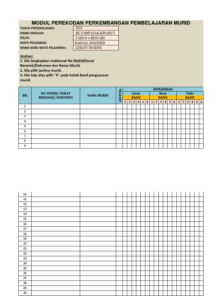 Borang Pentaksiran Bilik Darjah 2018