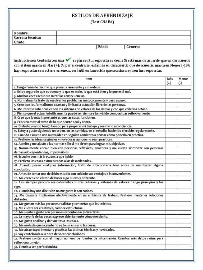 Test CHAEA de Estilos de Aprendizaje | PDF | Intuición | Science