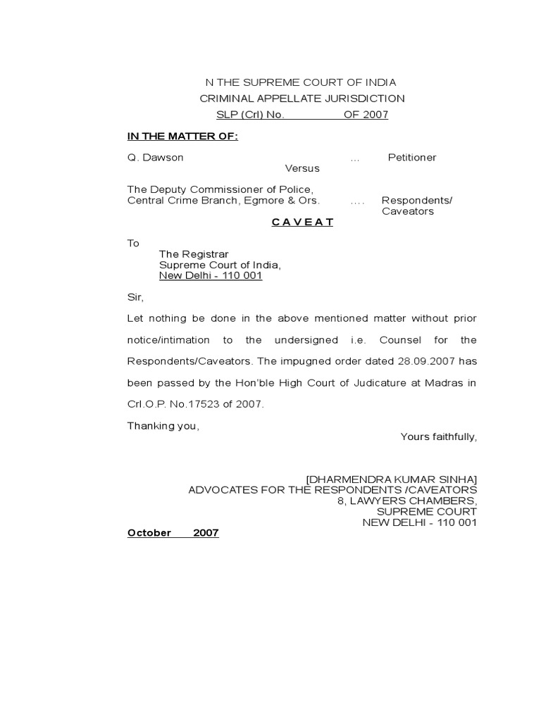 Supreme Court Caveat Case | PDF | Advocate | Supreme Court Of India