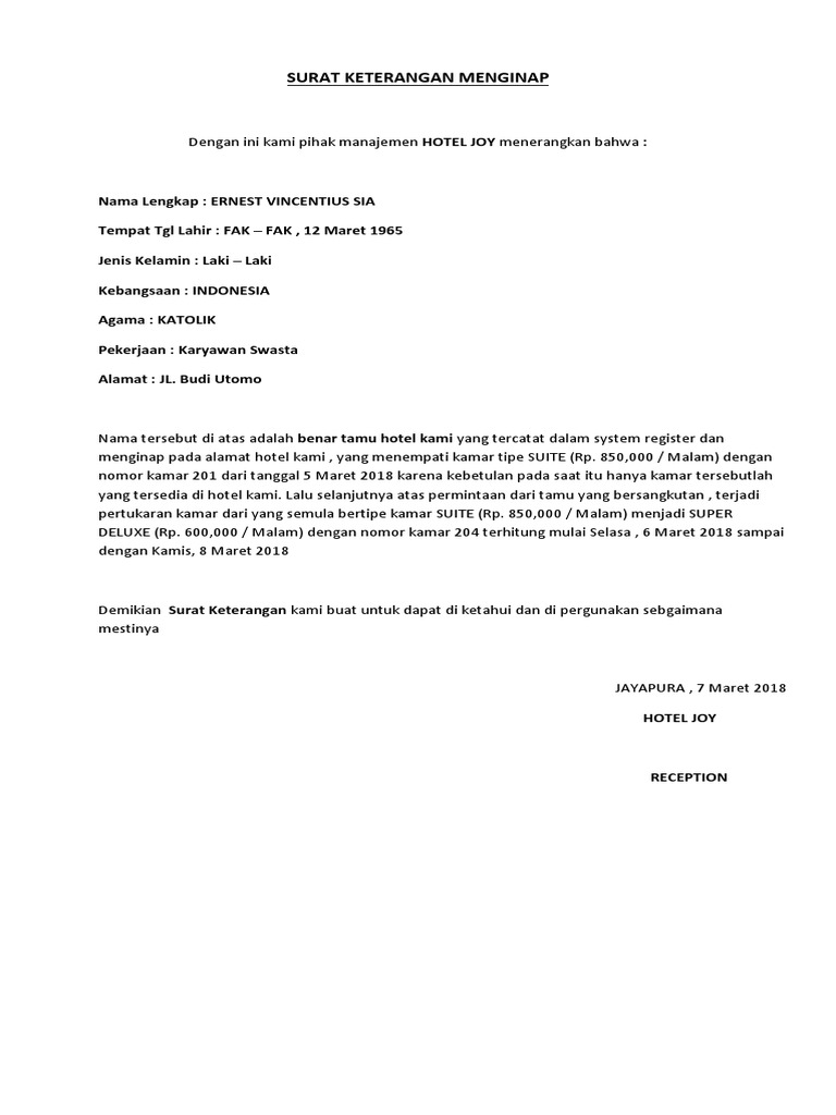 Surat Keterangan Menginap DD