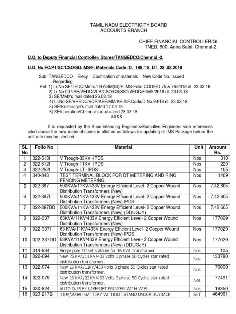 TANGEDCO Material Codification Update | PDF