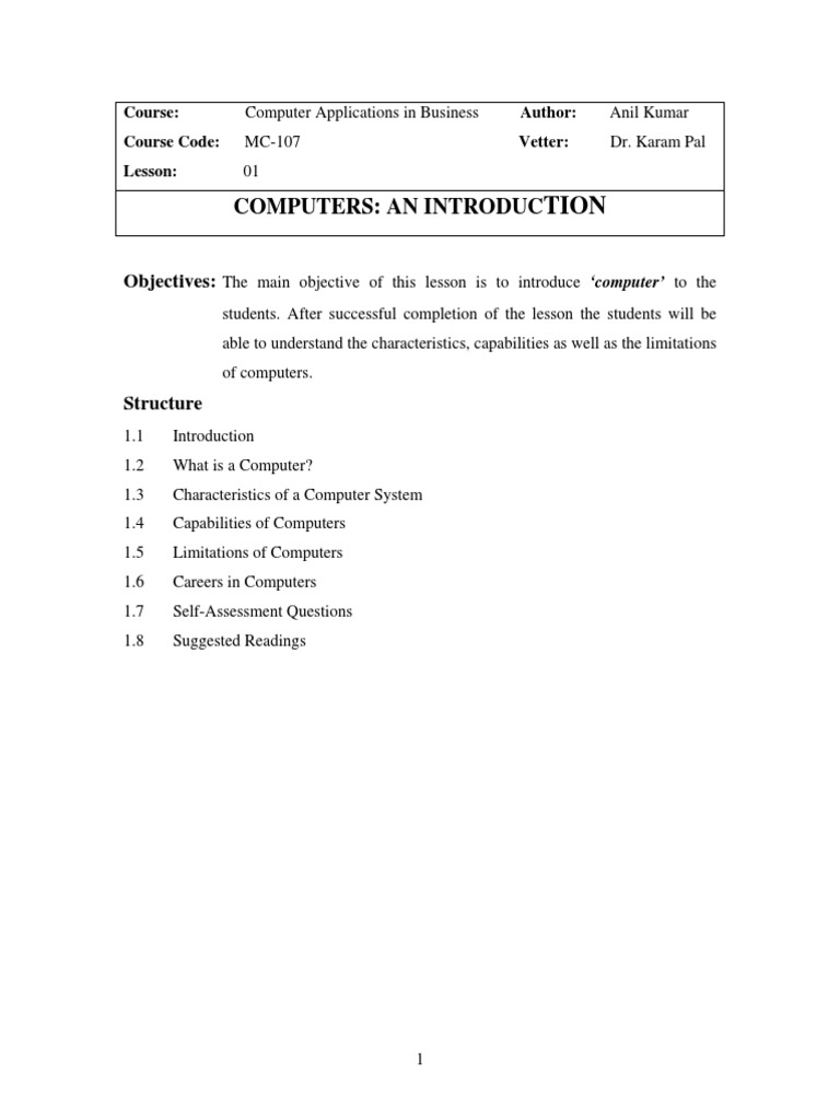 Computer Applications Introduction Course Lesson | PDF | Computer Data ...