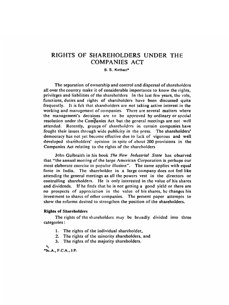 Shareholder Rights Under Companies Act | PDF | Proxy Voting | Board Of ...