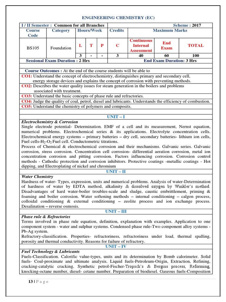 Engineering Chemistry Syllabus 2023 | PDF | Electrochemistry | Corrosion