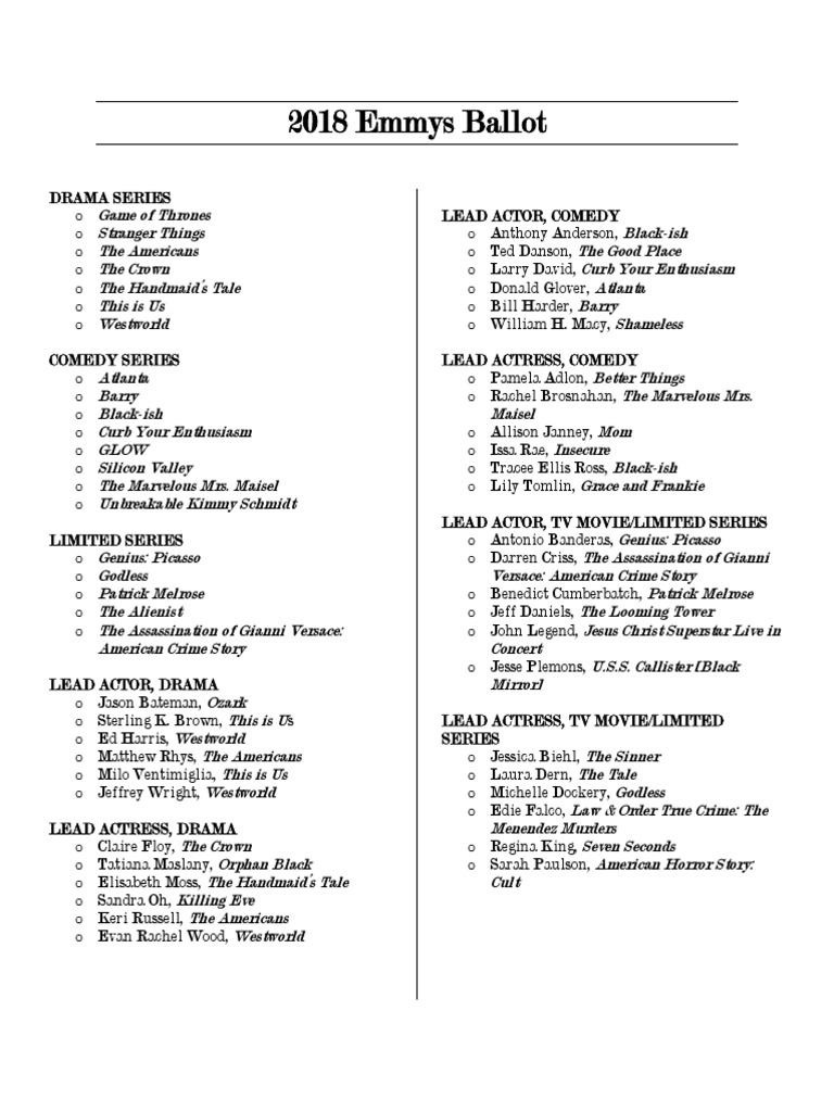 2018 Emmy Ballot | PDF | Television Award Winners | Entertainers