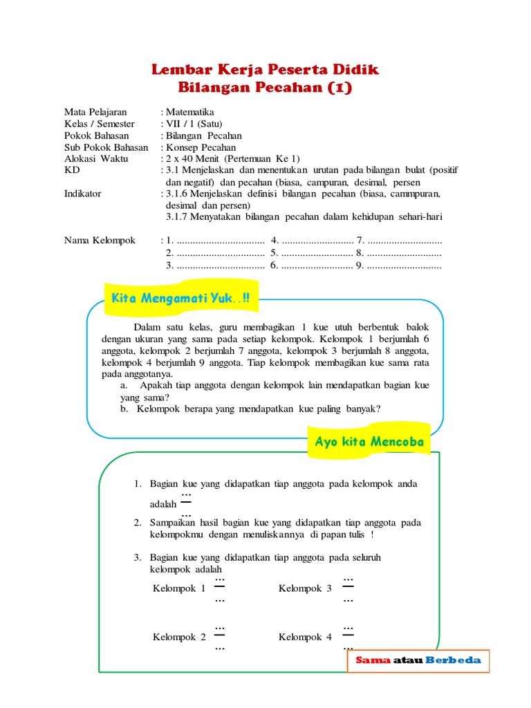 Lkpd Bilangan Pecahan