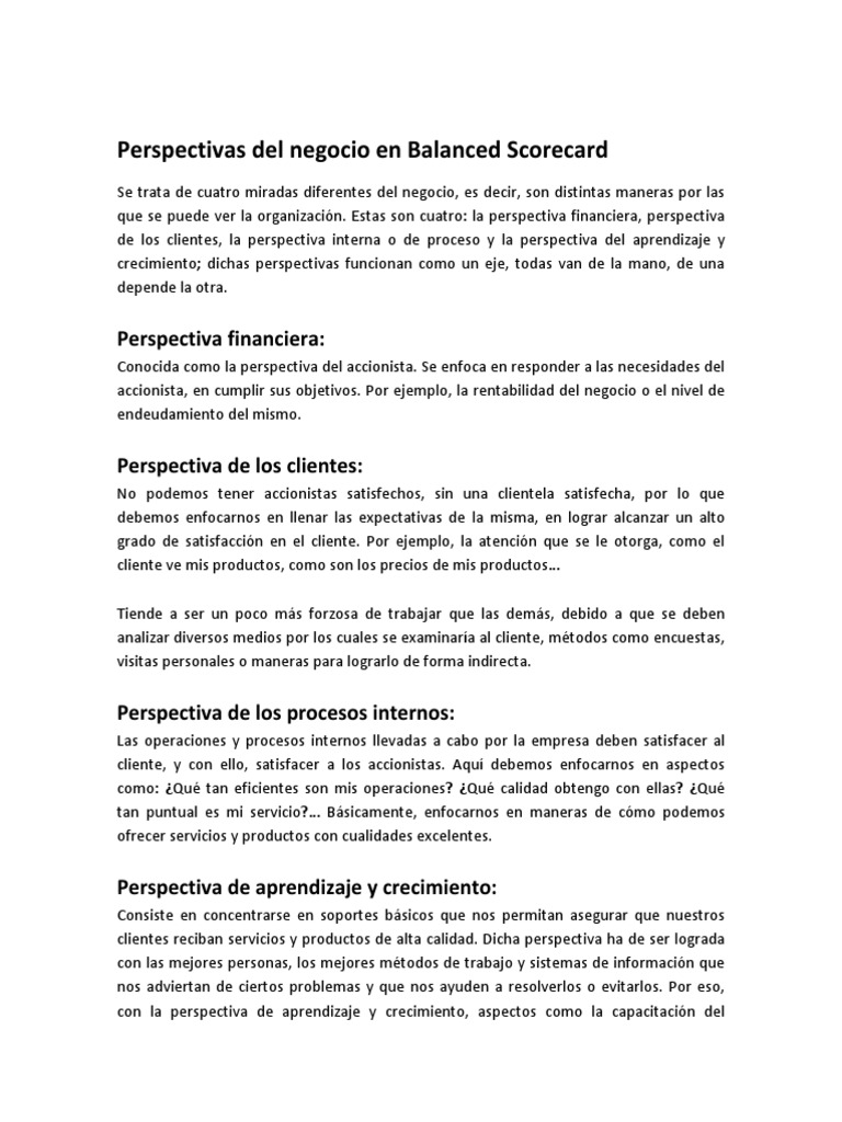 Perspectivas Del Negocio en Balanced Scorecard | PDF | Cliente ...