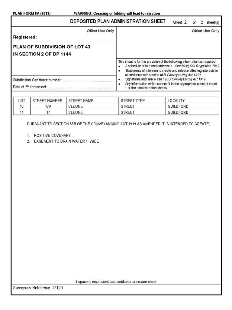 Deposited Plan Administration Sheet: Plan of Subdivision of Lot 43 in ...