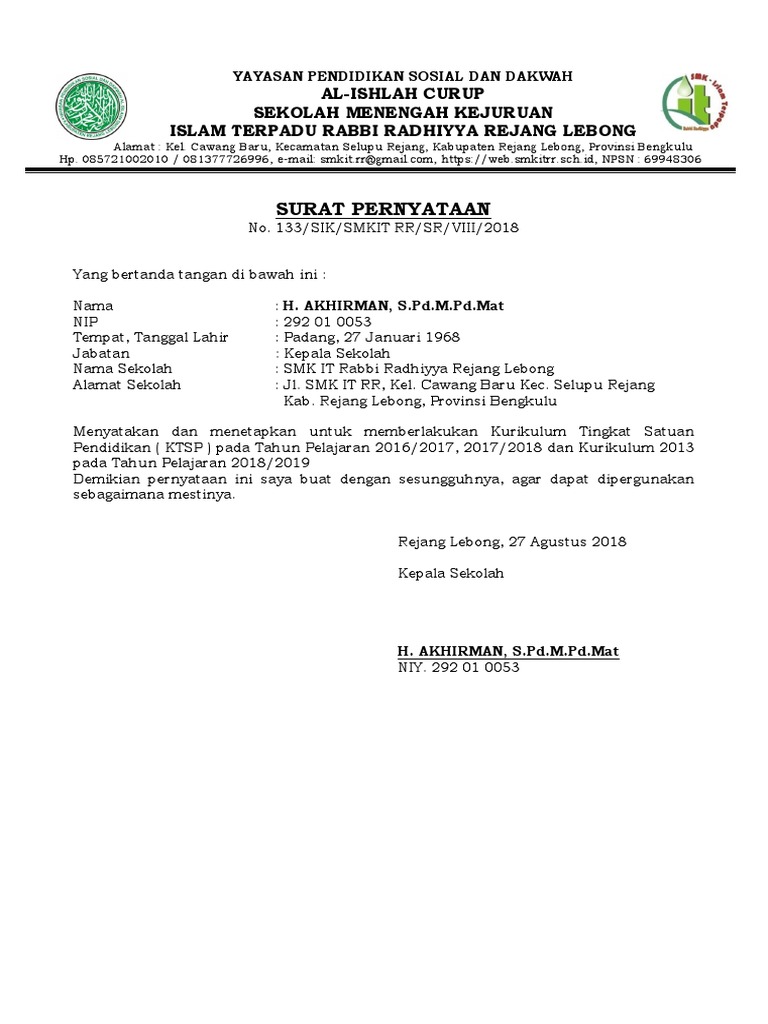 Surat Pernyataan Kurikulum Pdf
