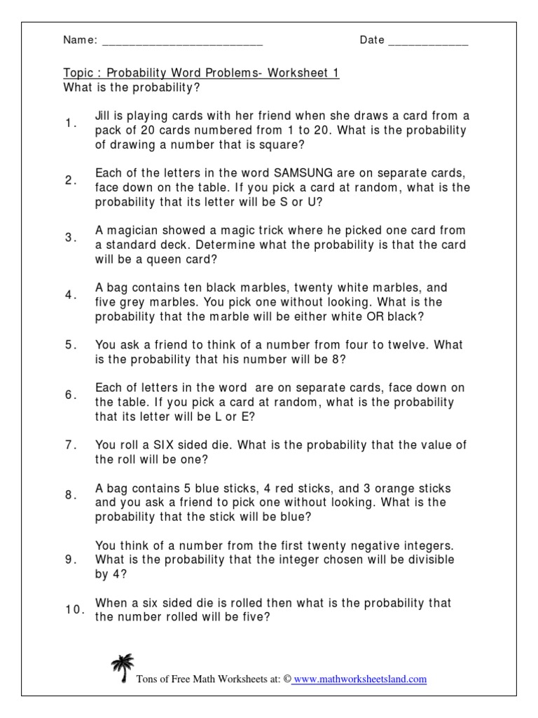 probability pdf worksheet playing cards