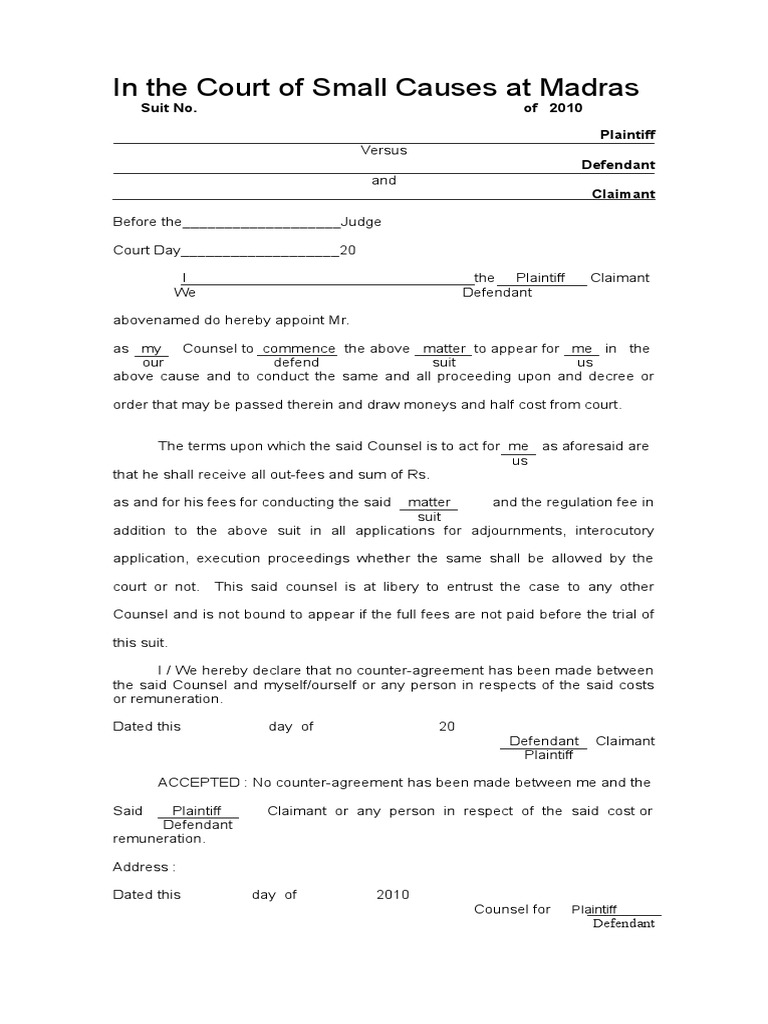 Small Causes Court Trial Court Vakalat Form PDF Plaintiff Lawsuit
