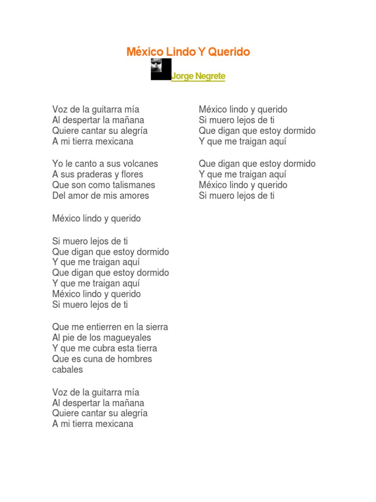 Cancion Mexico Lindo Y Querido Letra