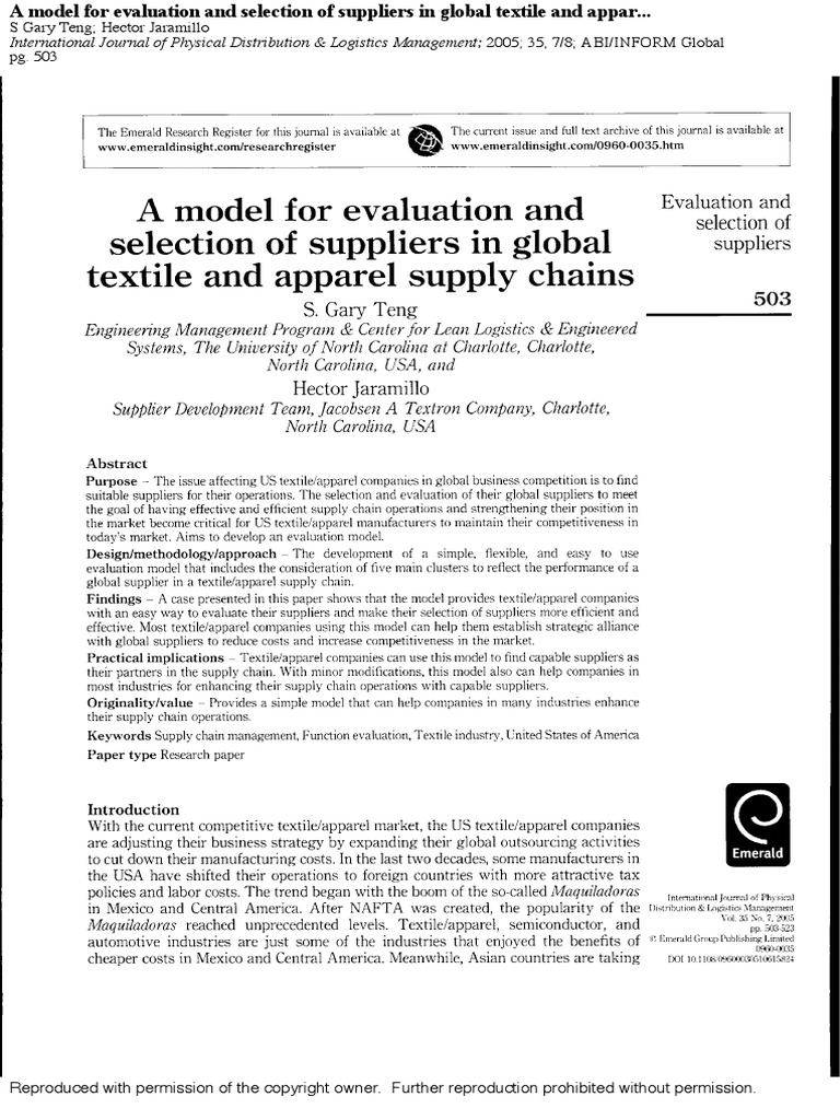 A Model For Evaluation and Selection of Suppliers in Global Textile and ...