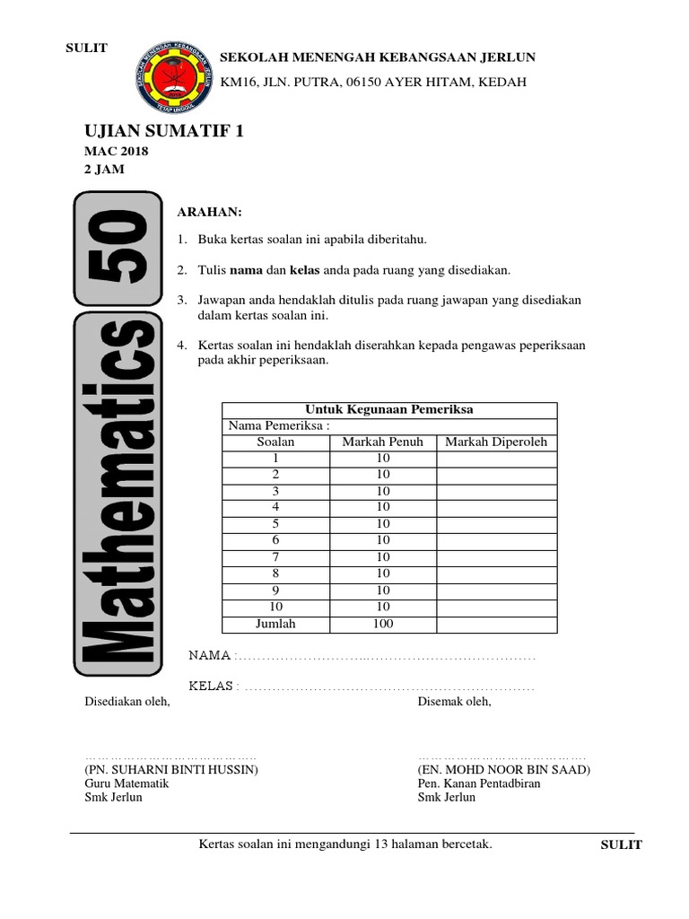Ujian Sumatif 1 Mac Matematik Tingkatan 2 Pdf