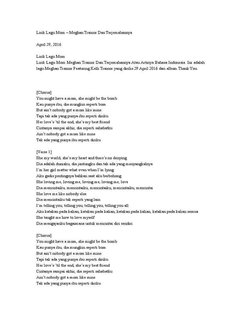 Lirik Lagu Mom Meghan Trainor Dan Terjemahannya