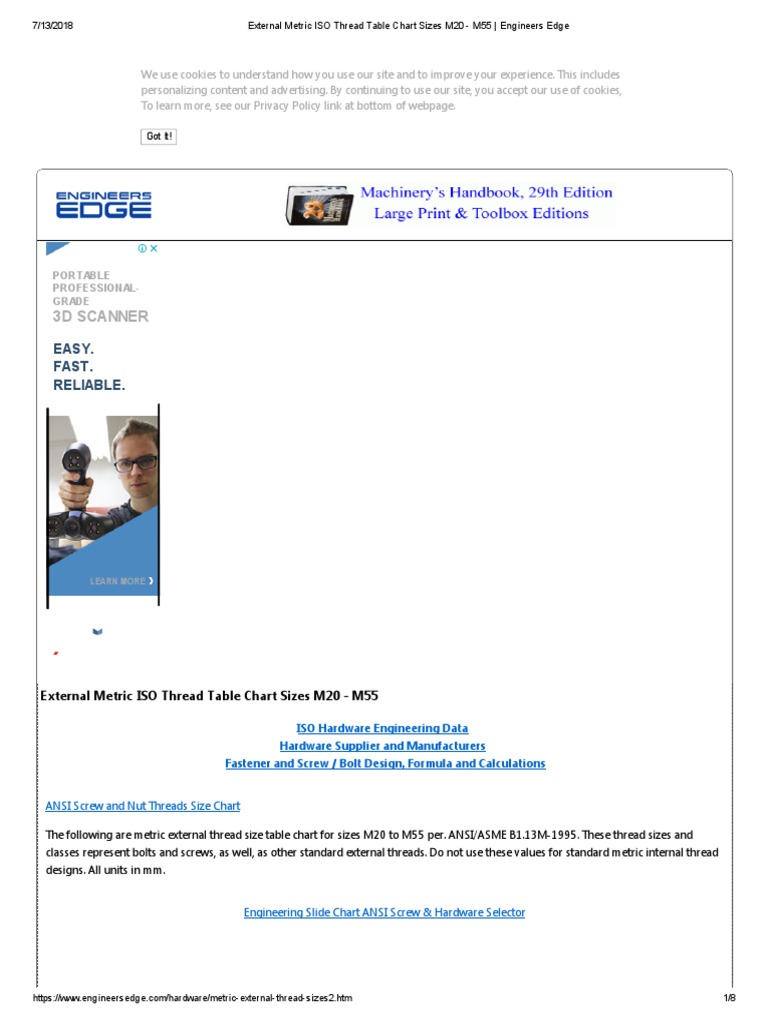 External Metric ISO Thread Table Chart Sizes M20 - M55 | PDF | Screw ...