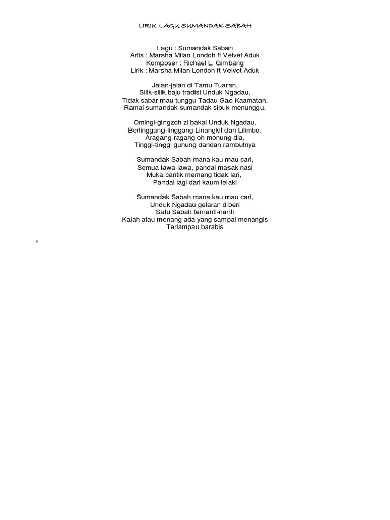 Lirik Lagu Sumandak Sabah