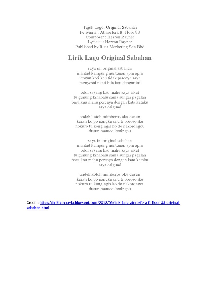 Lirik Lagu Original Sabahan | PDF