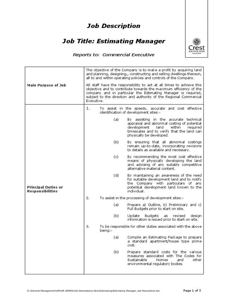 10 5 2013103 Estimating Manager Job Description PDF Employment