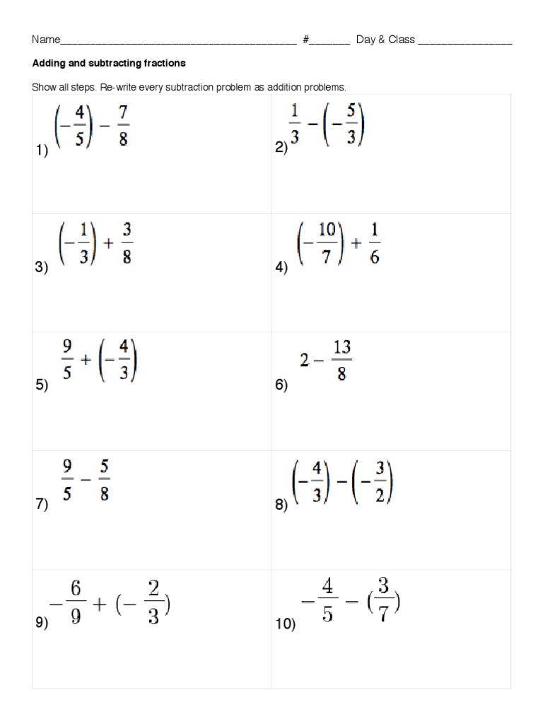 Add Subtract Positive Negative Fractions Worksheet | Pdf | Mathematical Notation | Discrete Mathematics