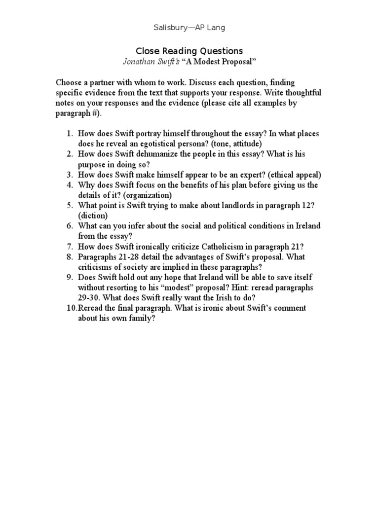 A Modest Proposal Close Reading Questions PDF