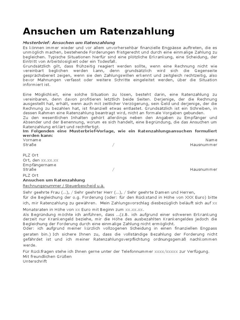 Ansuchen Um Ratenzahlung