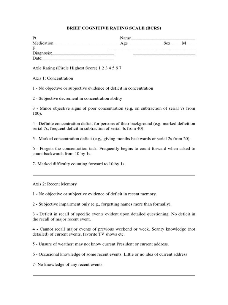 Brief Cognitive Rating Scale (BCRS) Guide | PDF | Recall (Memory ...