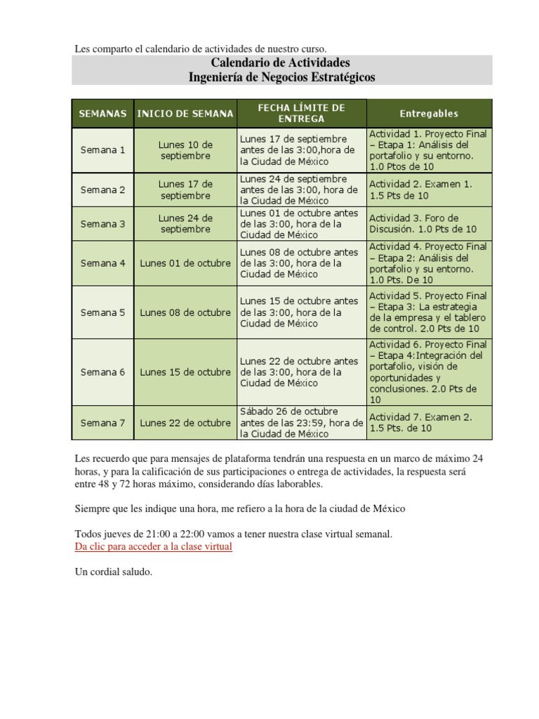 Calendario de Actividades del Curso | PDF | Aprendizaje