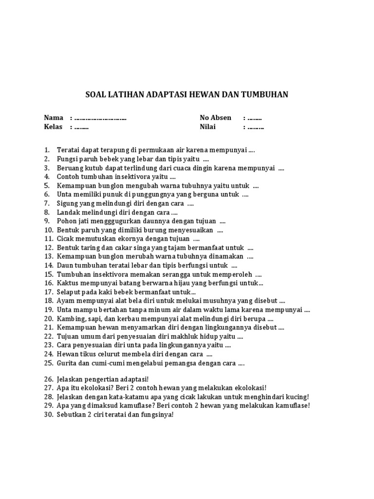 Latihan Soal Adaptasi Hewan Dan Tumbuhan