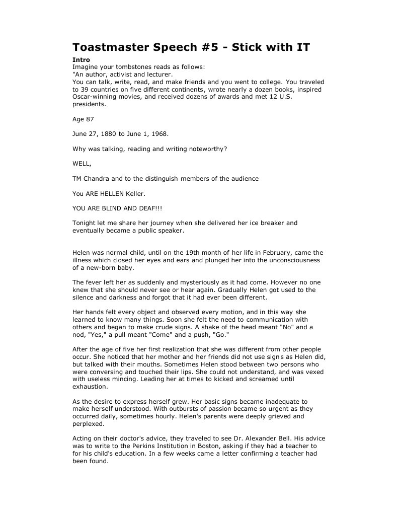 Toastmaster Speech | PDF | Helen Keller