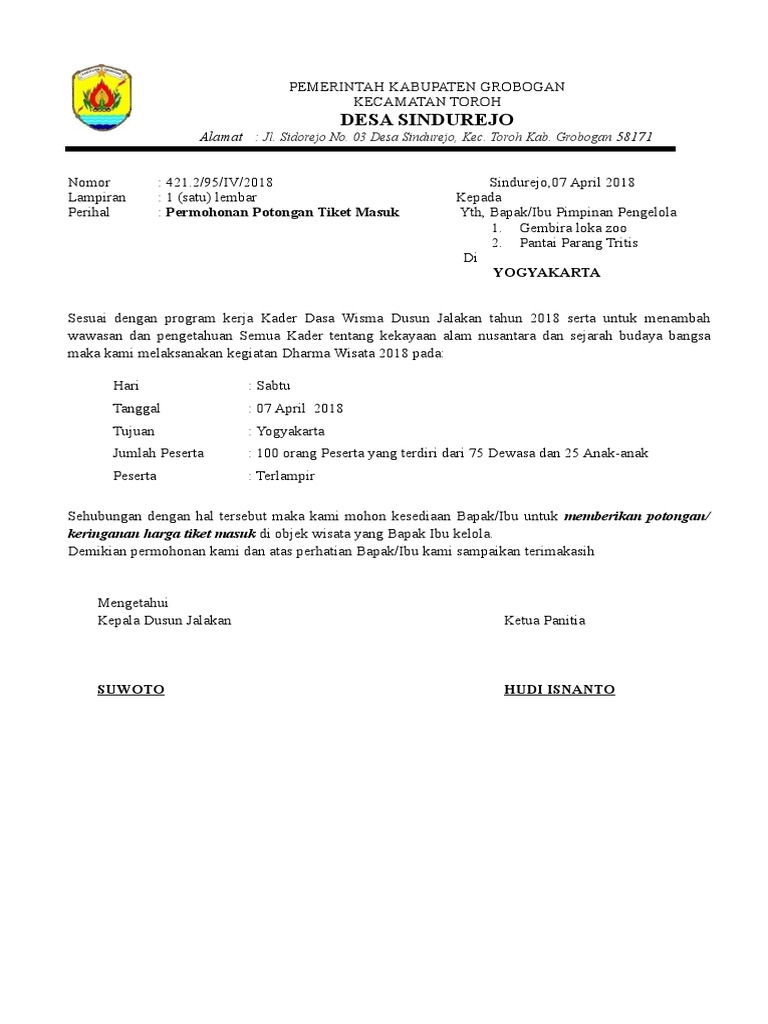 Contoh Surat Dispensasi Masuk Lokasi Wisata Contoh Surat