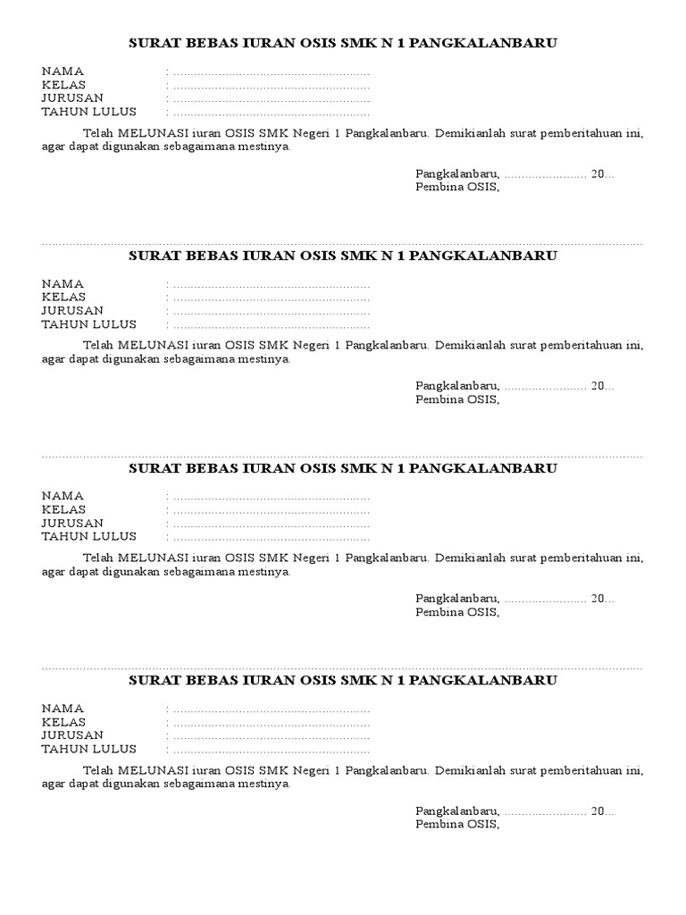 Surat Bebas Iuran Osis Smk N 1 Pangkalanbaru