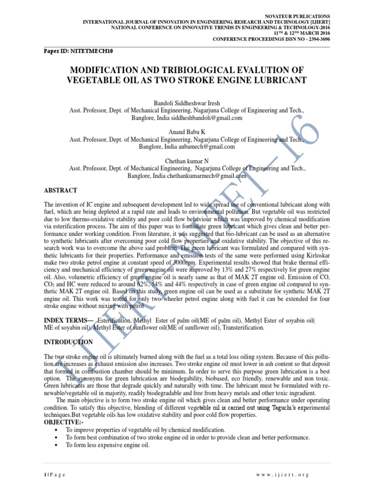 Modification and Tribiological Evalution of Vegetable Oil As Two Stroke
