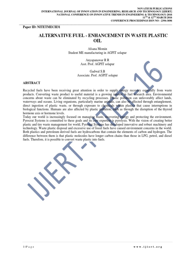 Alternative Fuel from Waste Plastic Oil | PDF | Fuels | Waste