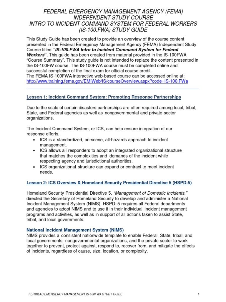 IS-100 FWA - Intro To ICS 100 FWA Study Guide PDF | Download Free PDF ...