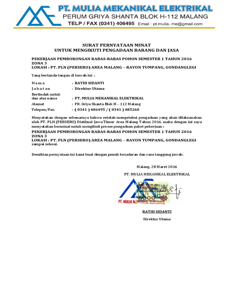 3 Surat Pernyataan Minat Pekerjaan perencanaan pembangunan perpustakaan sman 5 pasuruan.