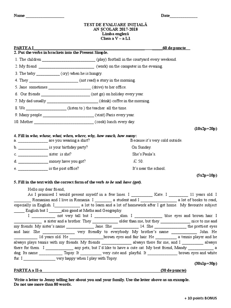 Initial Assessment Test for 5th Grade English | PDF | Linguistics