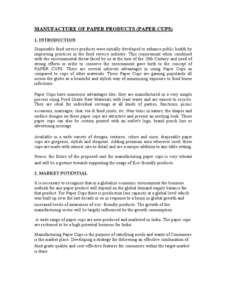 Manufacture of Paper Products (Paper Cups) PDF Paper Foods