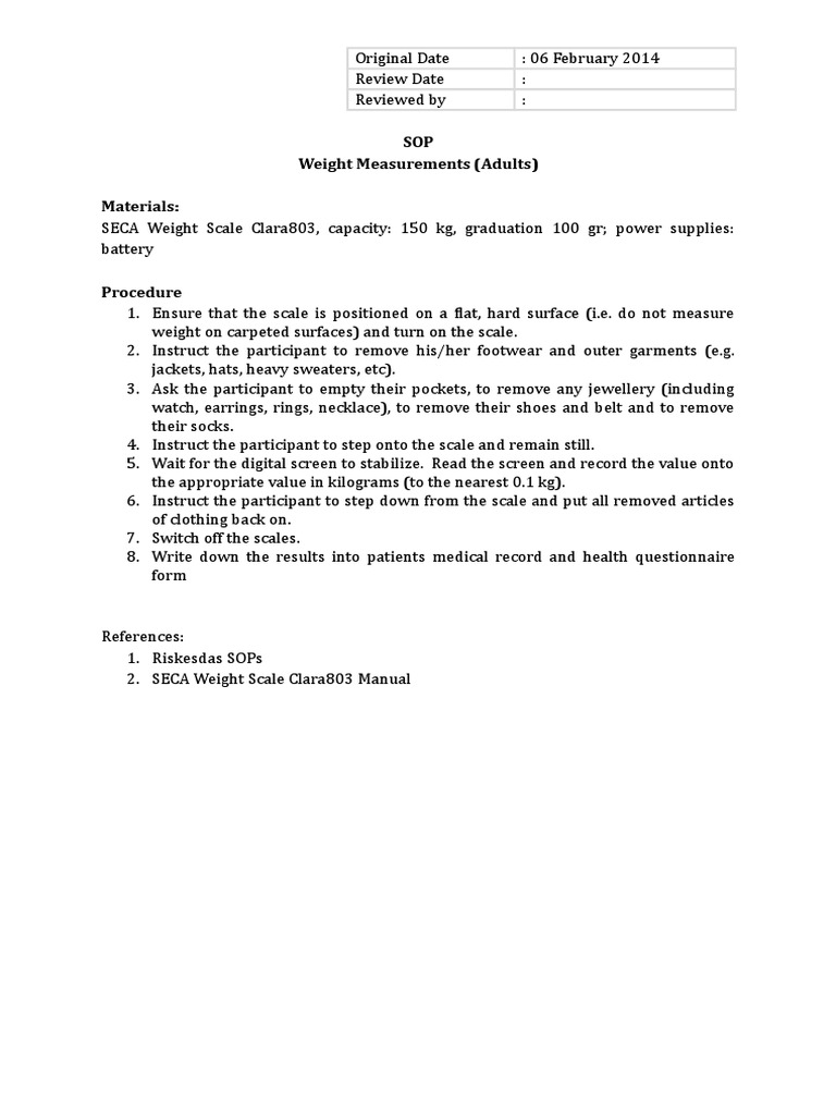 SOP Weight Measurements (Adults) Materials | PDF