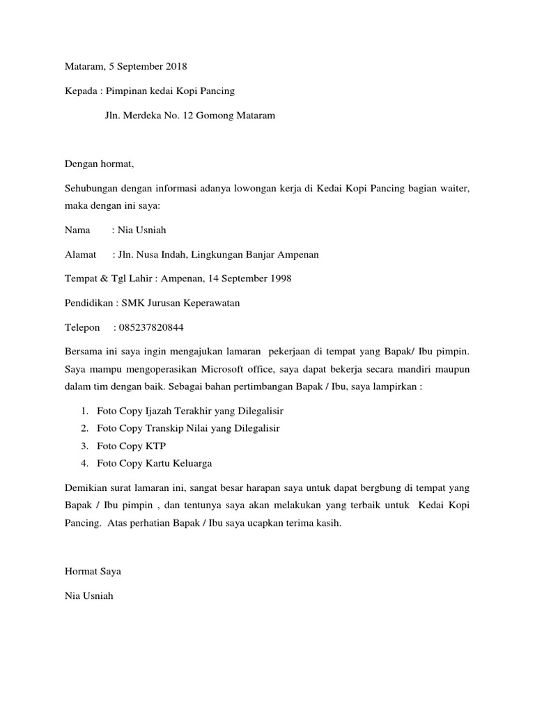 Surat Lamaran Kerja Waiter - SuratMenyurat.net