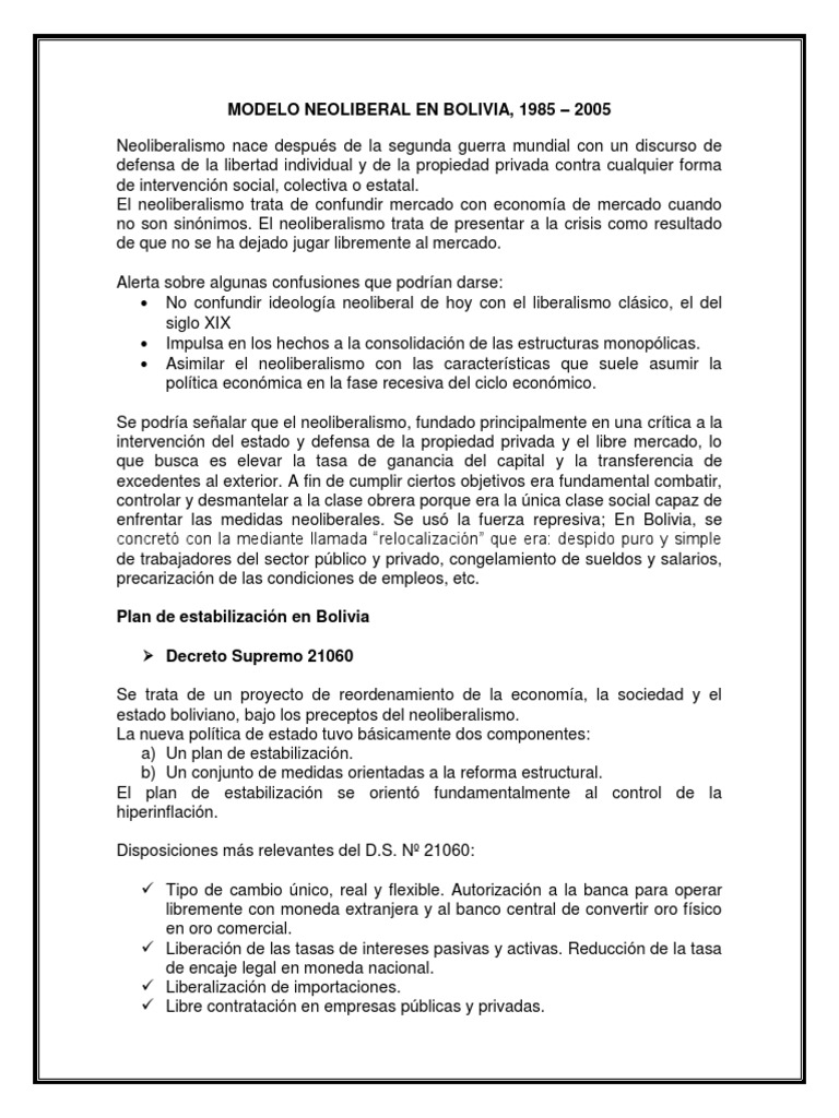 Modelo Neoliberal en Bolivia 2 | PDF | Neoliberalismo | Ajuste estructural