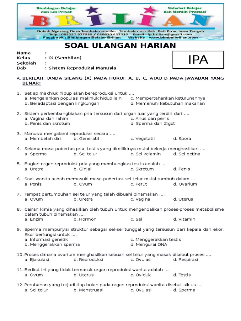 Soal Ipa Kelas 9 Smp Bab 2 Sistem Reproduksi Manusia Dan Kunci Jawaban