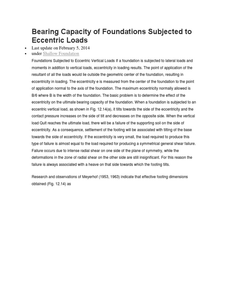 Bearing Capacity of Foundations Subjected To Eccentric Loads | PDF ...