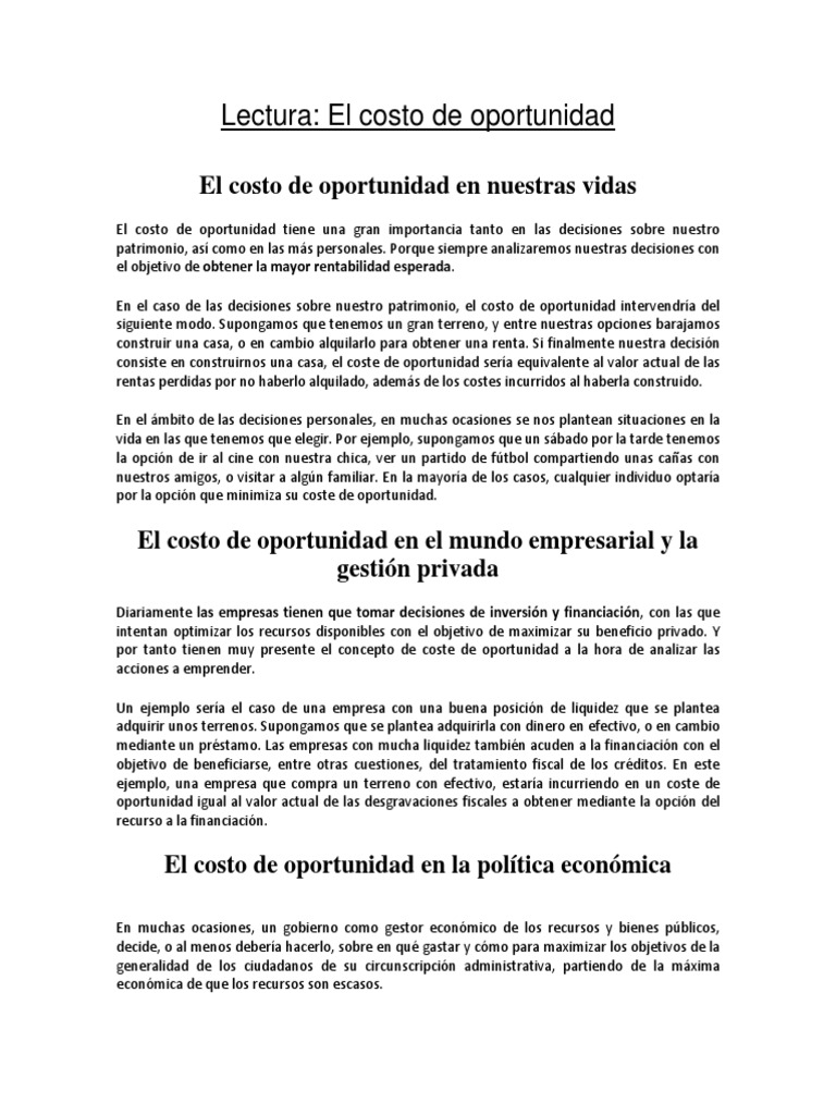 Lectura El Costo de Oportunidad | PDF | Costo de oportunidad | Economias