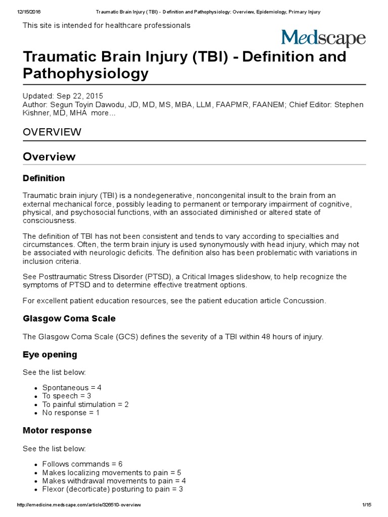 Traumatic Brain Injury (TBI) - Definition and Pathophysiology