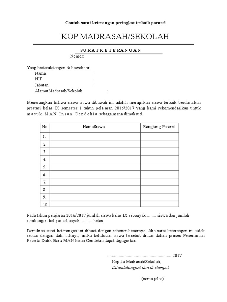 Contoh Surat Keterangan Peringkat Kelas