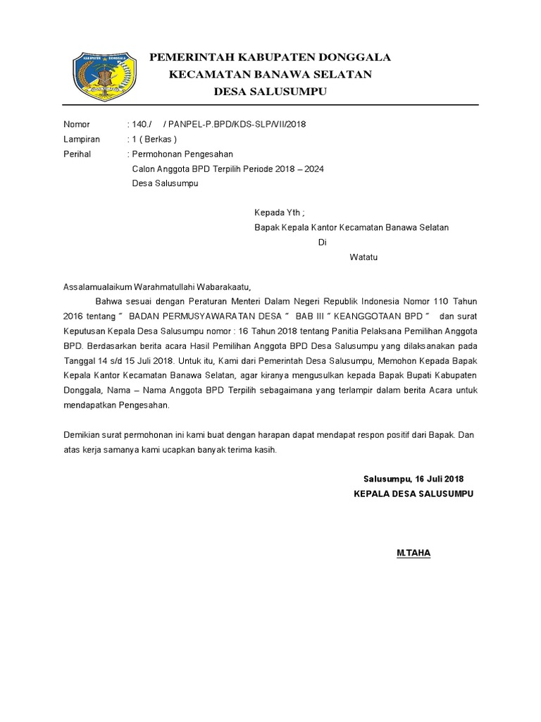 Permohonan Pengesahan Bpd Terpilih