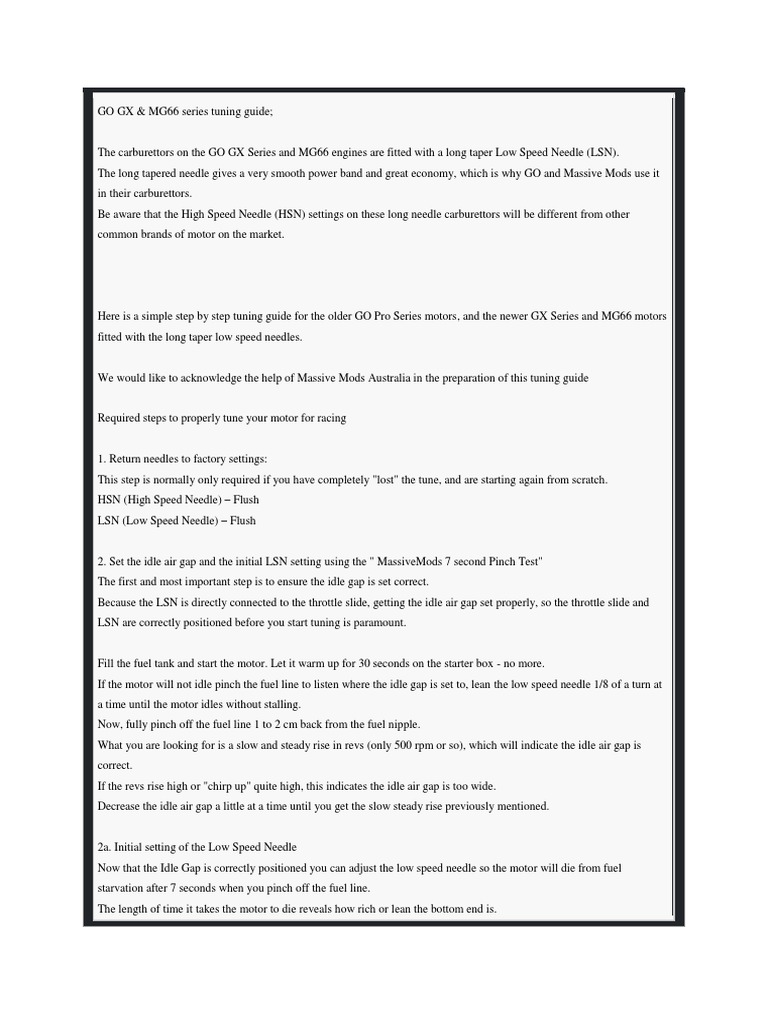 GO GX & MG66 Engine Tuning Guide | PDF | Carburetor | Engines