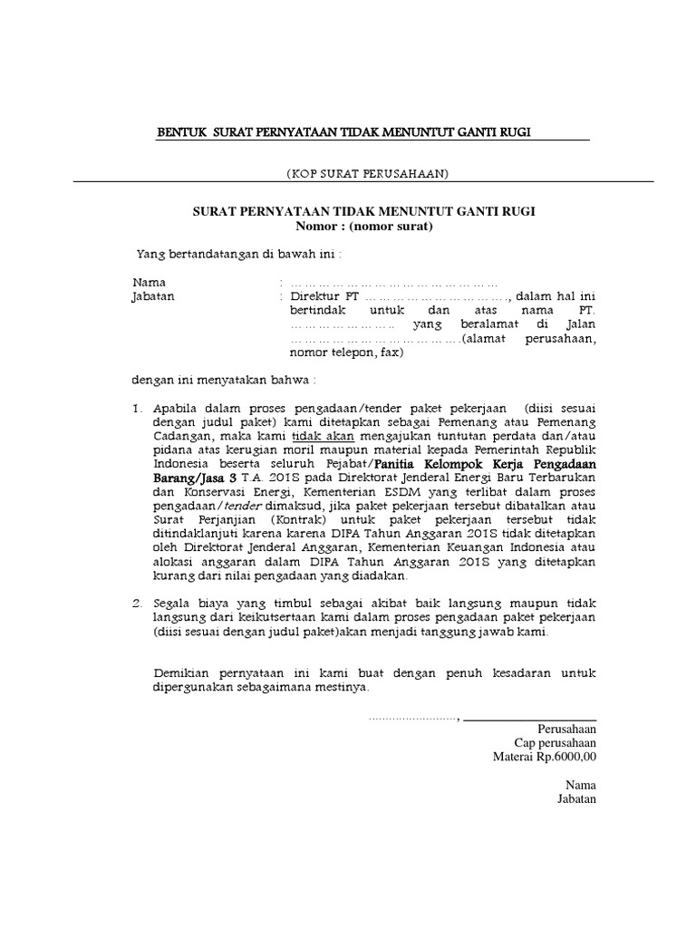 Contoh Surat Tidak Menuntut Ganti Rugi