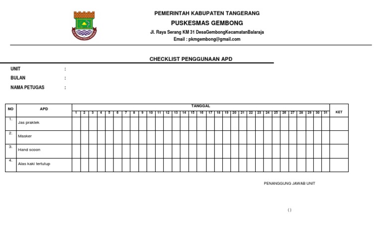 Checklist Penggunaan APD Puskesmas Gembong | PDF